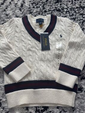 Polo by Ralph Lauren Cream Cable-Knit V-Neck Sweater with Navy & Burgundy Trim